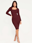 Woman in a burgundy long sleeve square neck midi dress with built-in shapewear