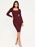 Popilush® Bodycon Party Cocktail Short Loungewear Maroon Red / XS Shapewear Long Sleeve Square Neck Modal Slimming Midi Dress