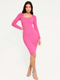 Popilush® Bodycon Party Cocktail Short Loungewear Pink / XS Shapewear Long Sleeve Square Neck Modal Slimming Midi Dress