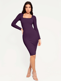 Popilush® Bodycon Party Cocktail Short Loungewear Purple / XS Shapewear Long Sleeve Square Neck Modal Slimming Midi Dress