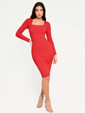 Popilush® Bodycon Party Cocktail Short Loungewear Red / XS Shapewear Long Sleeve Square Neck Modal Slimming Midi Dress