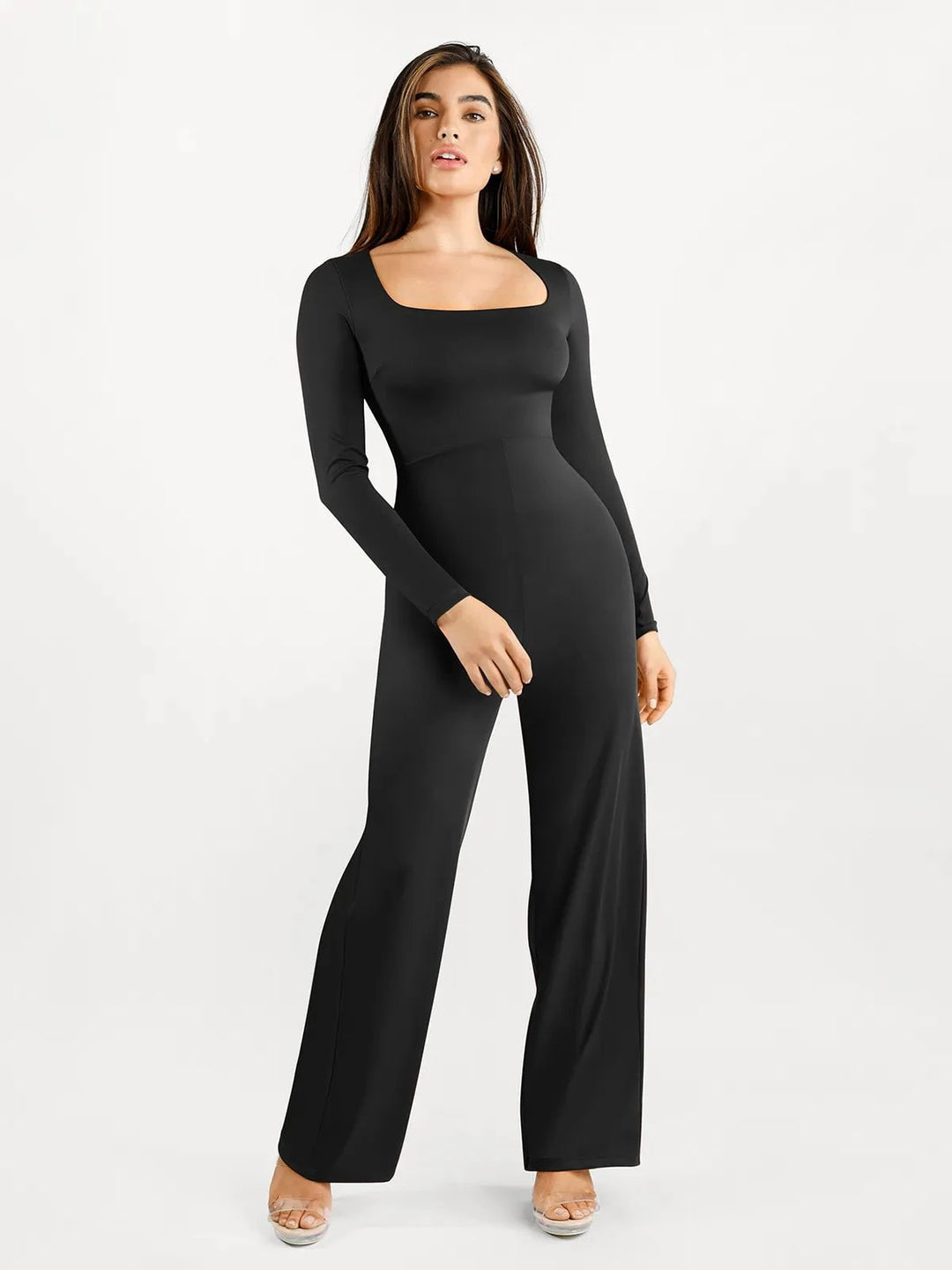 Popilush® Casual Jumpsuit Winter Shapewear Long Sleeve Square Neck Slimming Wide Leg Jumpsuit
