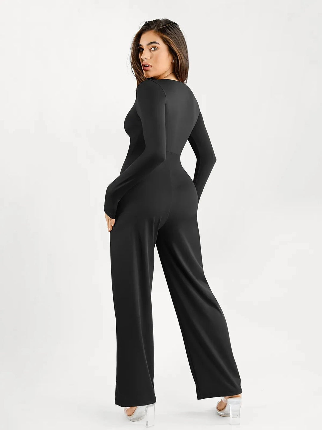 Popilush® Casual Jumpsuit Winter Shapewear Long Sleeve Square Neck Slimming Wide Leg Jumpsuit