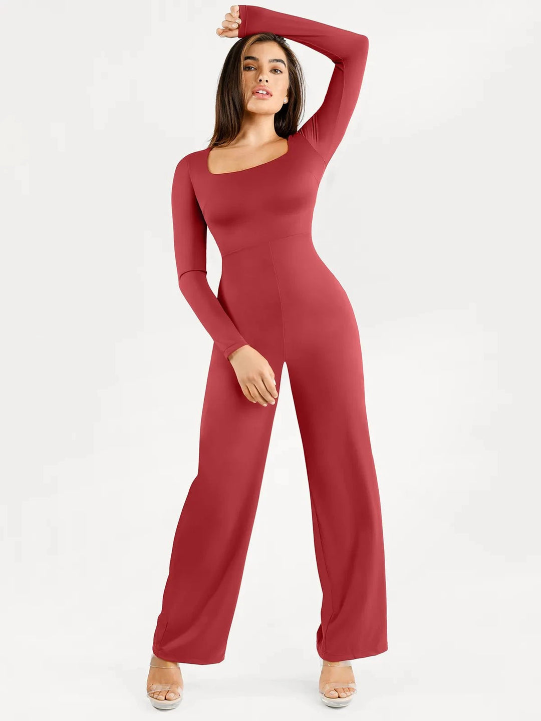 Popilush® Casual Jumpsuit Winter Red / XS Shapewear Long Sleeve Square Neck Slimming Wide Leg Jumpsuit