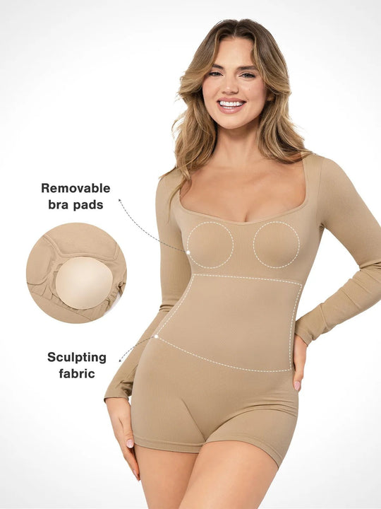 Shapewear Sweetheart Neck Long Sleeve Tummy Control Romper