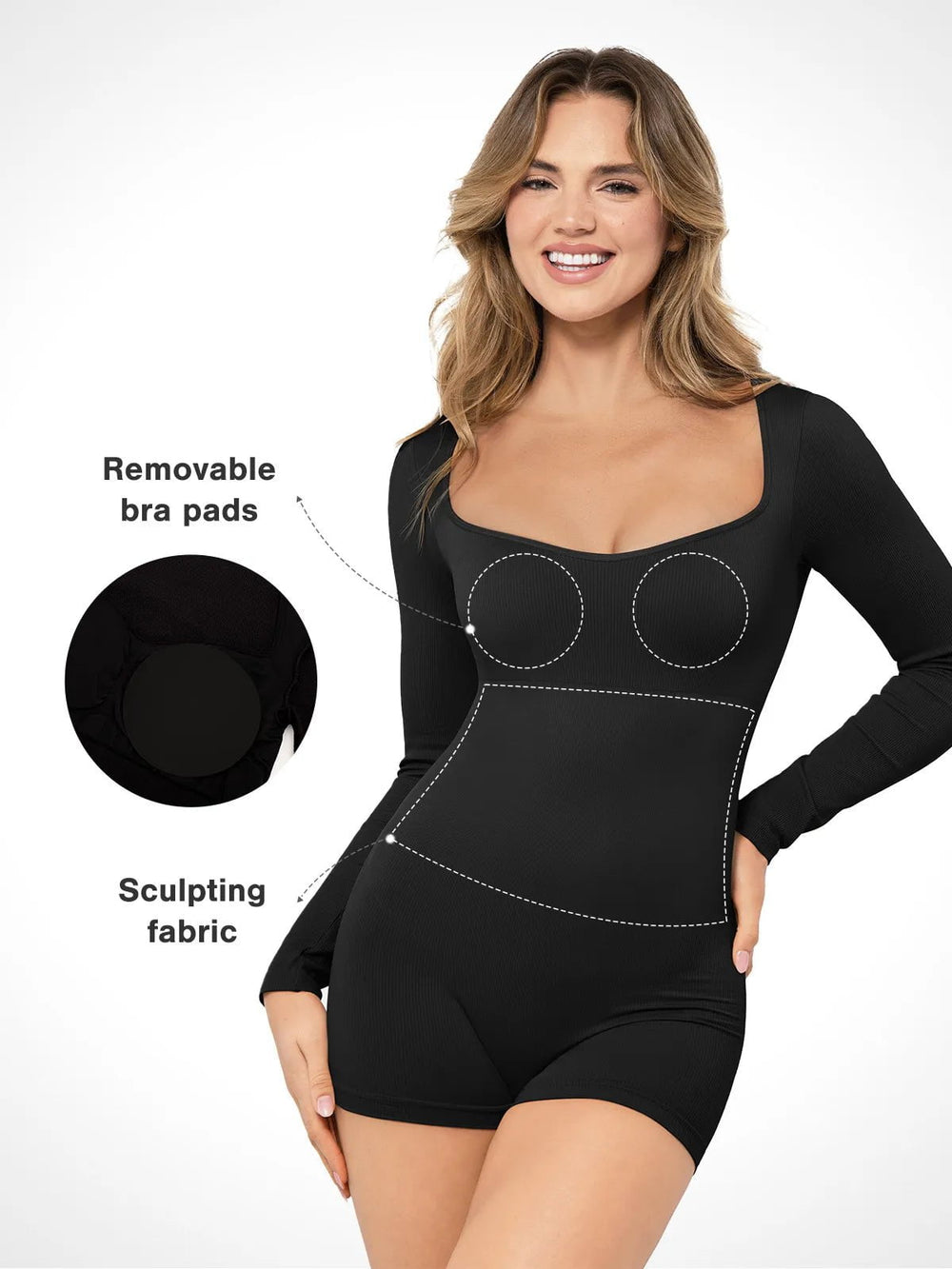 Popilush® long sleeve romper showcasing sculpting fabric and removable pads