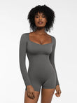 Popilush grey ribbed long sleeve shapewear romper with sweetheart neckline and tummy control.
