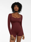 Shapewear romper by Popilush®, burgundy long sleeve, sweetheart neckline.