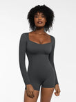 Slate gray ribbed long sleeve sweetheart neck tummy control romper