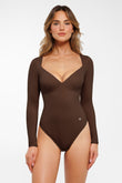 Popilush® Brown / S Shapewear Long Sleeve Tummy Control V Neck Bodysuit