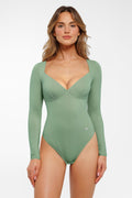 Popilush® Green / S Shapewear Long Sleeve Tummy Control V Neck Bodysuit