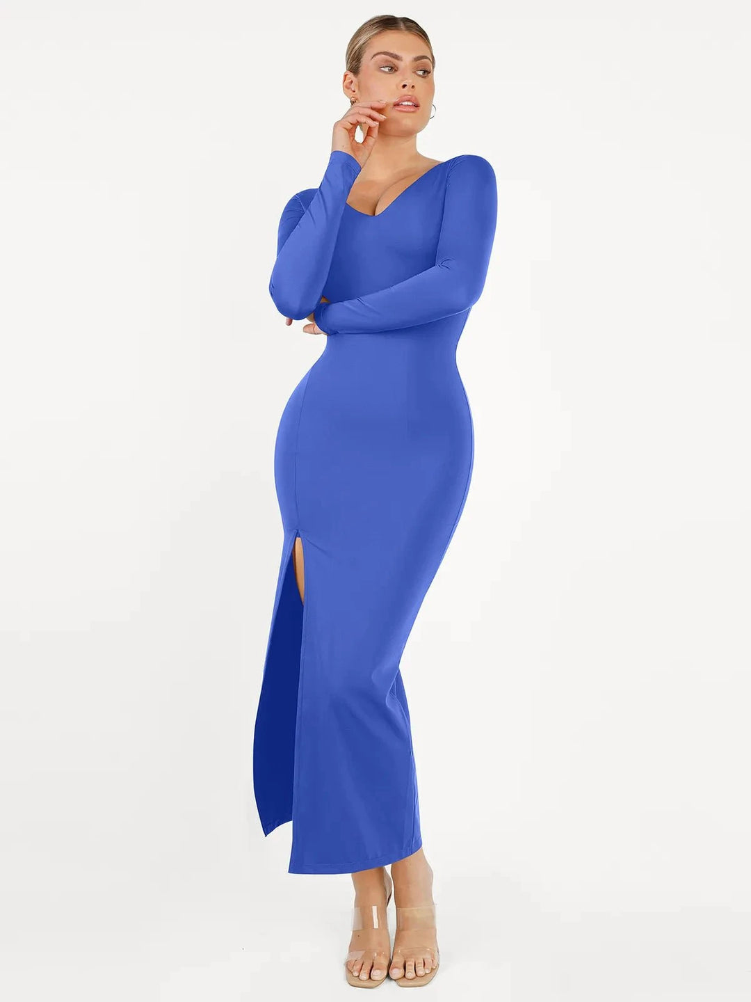 Popilush® Formal Bodycon Party Winter Dress Shapewear Long Sleeve V-Neck Low Back Slimming Maxi Dress