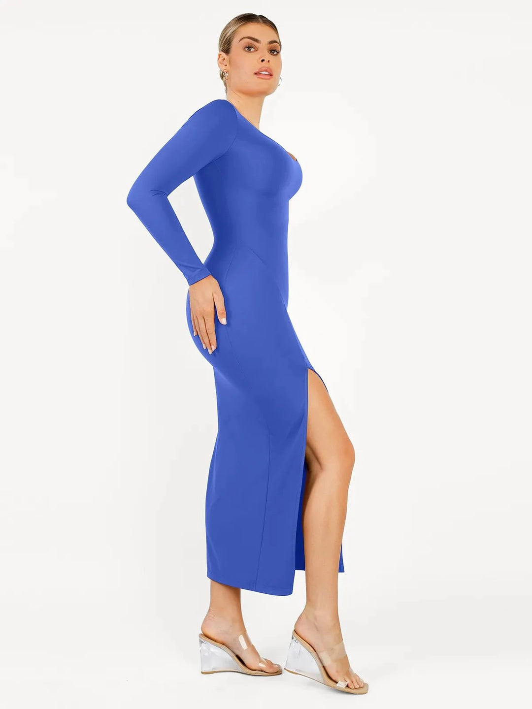 Popilush® Formal Bodycon Party Winter Dress Shapewear Long Sleeve V-Neck Low Back Slimming Maxi Dress