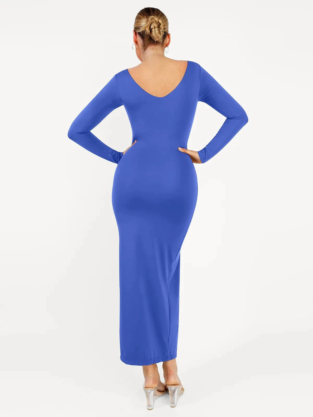 Popilush® Formal Bodycon Party Winter Dress Shapewear Long Sleeve V-Neck Low Back Slimming Maxi Dress