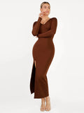 Popilush® Formal Bodycon Party Winter Dress Shapewear Long Sleeve V-Neck Low Back Slimming Maxi Dress