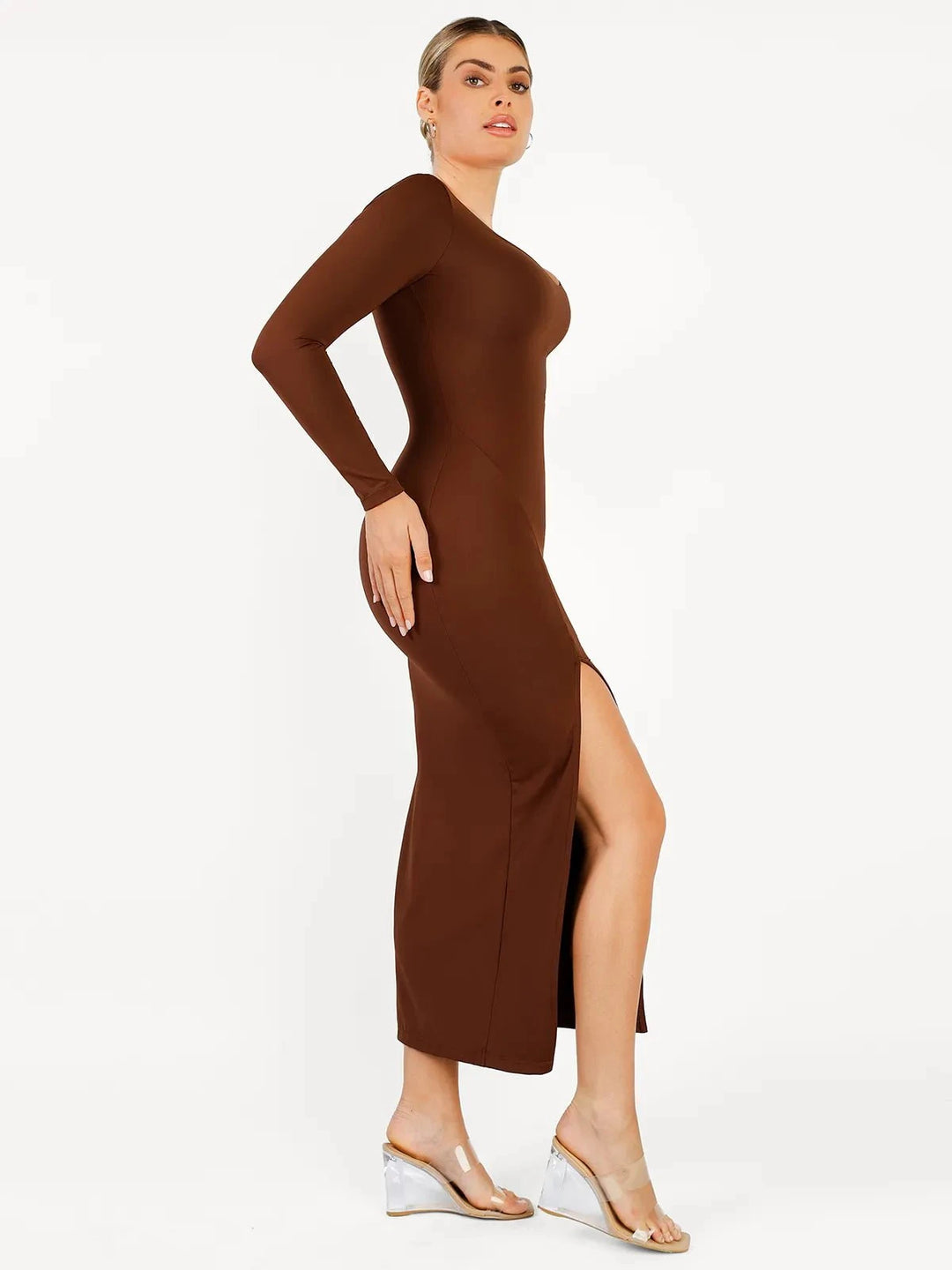 long sleeve shapewear dress The Shapewear Dress Long Sleeve V-Neck Split Maxi Popilush