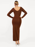 Popilush® Formal Bodycon Party Winter Dress Shapewear Long Sleeve V-Neck Low Back Slimming Maxi Dress