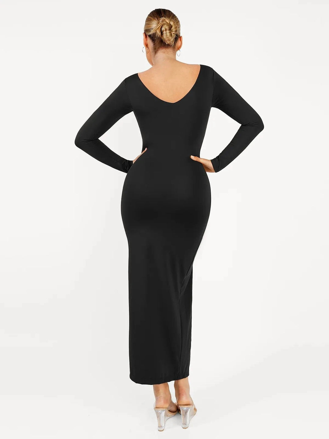 Popilush® Formal Bodycon Party Winter Dress Shapewear Long Sleeve V-Neck Low Back Slimming Maxi Dress