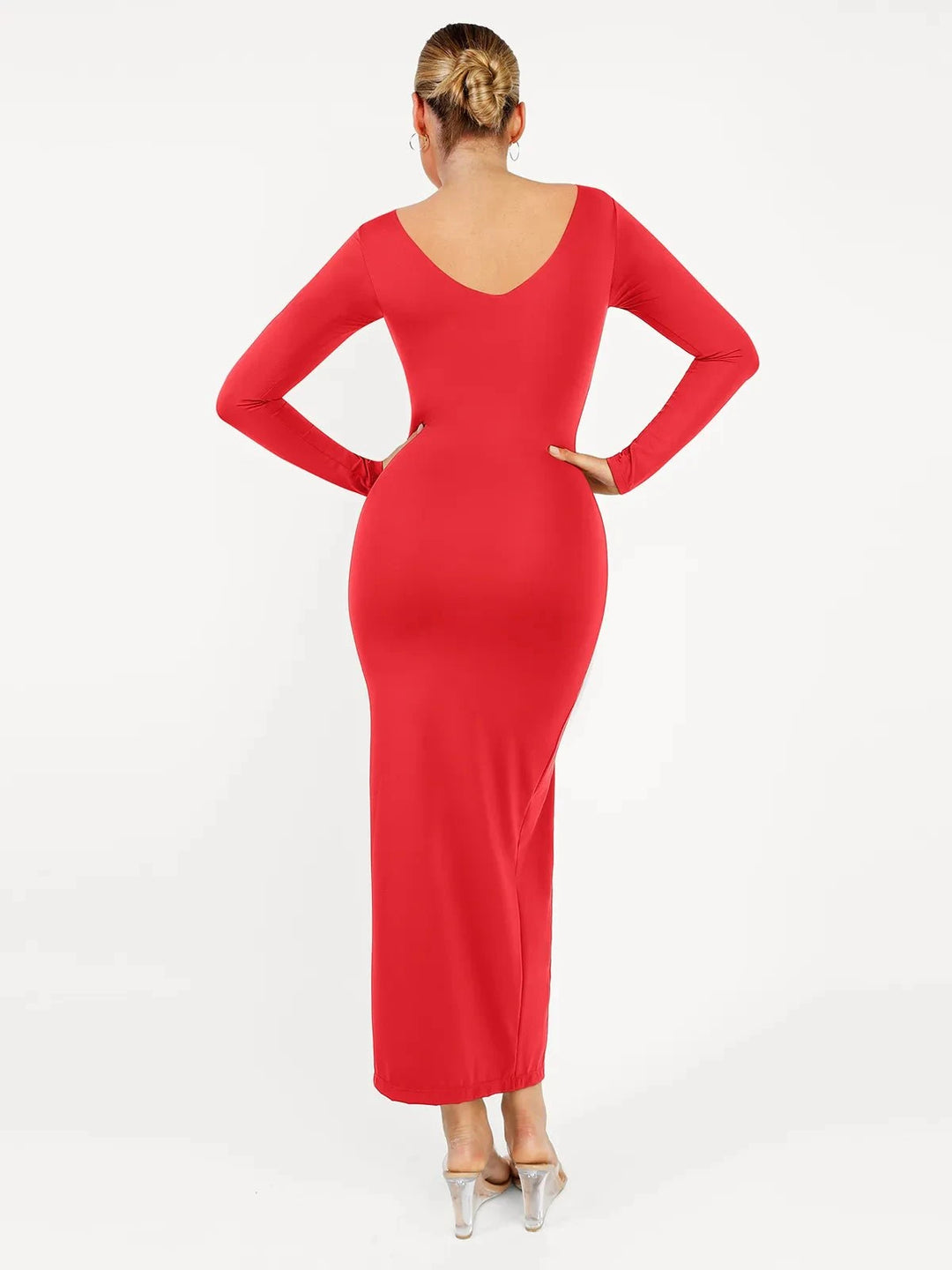 Popilush® Formal Bodycon Party Winter Dress Shapewear Long Sleeve V-Neck Low Back Slimming Maxi Dress