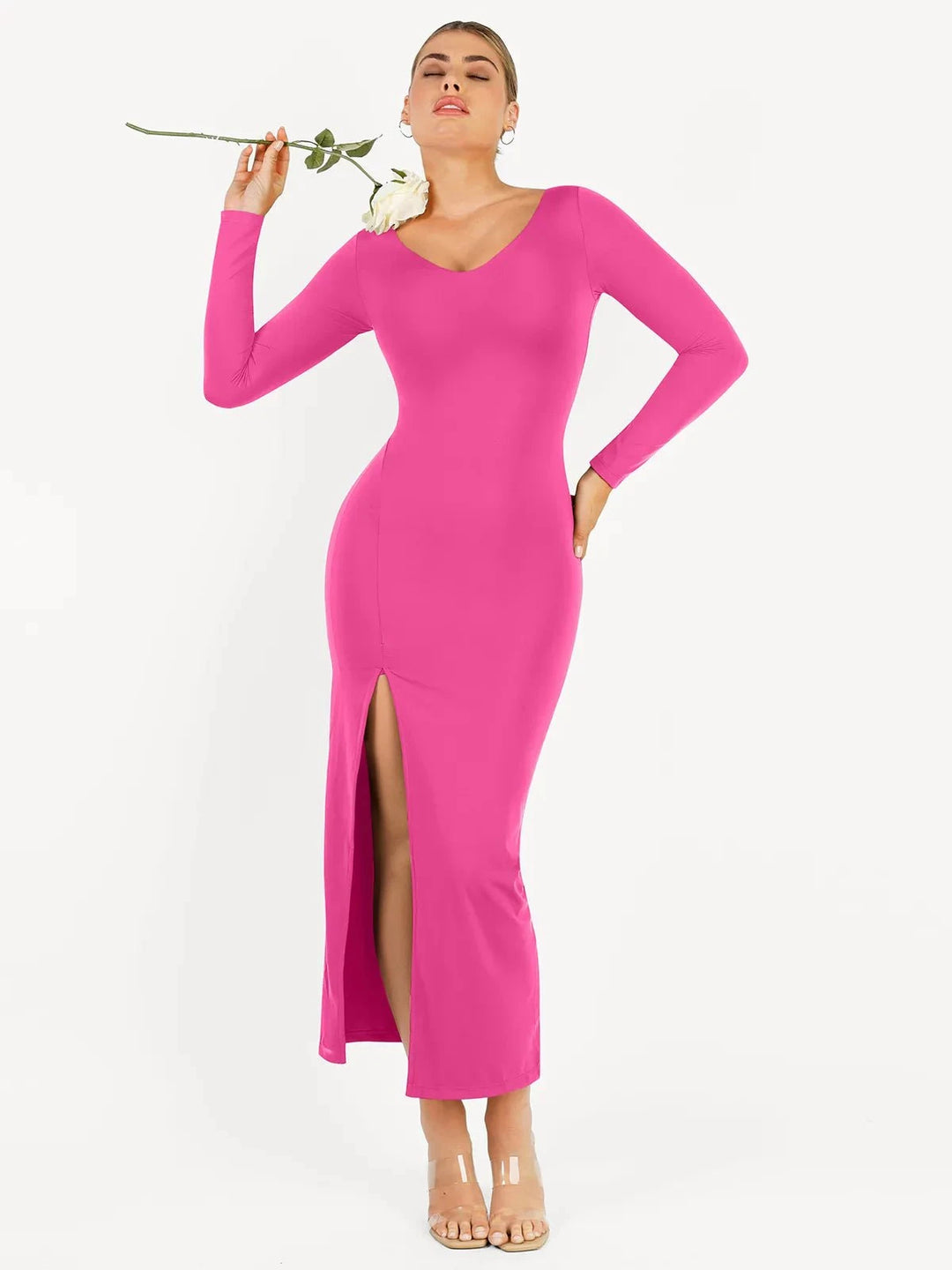 Popilush® Formal Bodycon Party Winter Dress Shapewear Long Sleeve V-Neck Low Back Slimming Maxi Dress