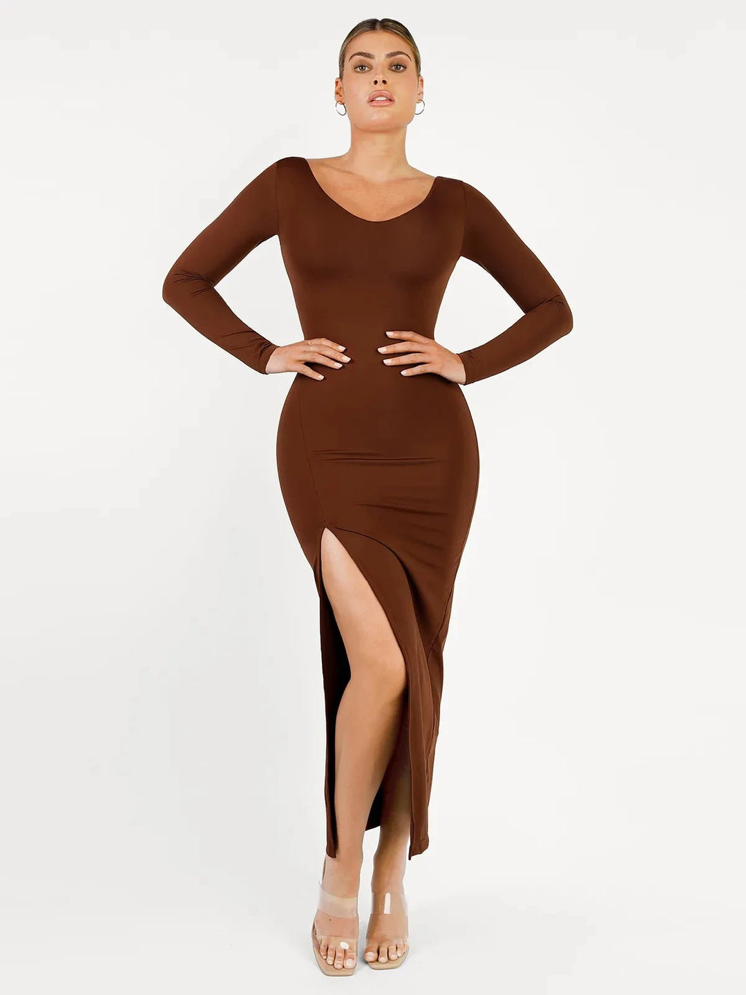 Popilush® Formal Bodycon Party Winter Dress Brown / S Shapewear Long Sleeve V-Neck Low Back Slimming Maxi Dress