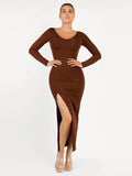 Popilush® Formal Bodycon Party Winter Dress Brown / S Shapewear Long Sleeve V-Neck Low Back Slimming Maxi Dress