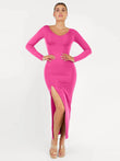 Popilush® Formal Bodycon Party Winter Dress Pink / S Shapewear Long Sleeve V-Neck Low Back Slimming Maxi Dress