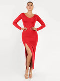 Popilush® Formal Bodycon Party Winter Dress Red / S Shapewear Long Sleeve V-Neck Low Back Slimming Maxi Dress