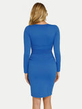 Popilush® Sculpting Formal Party Cocktail Gown Winter Shapewear Long Sleeve V-Neck Ruched Bodycon Midi Dress