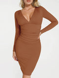 Popilush® Sculpting Formal Party Cocktail Gown Winter Shapewear Long Sleeve V-Neck Ruched Bodycon Midi Dress