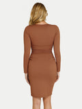 Popilush® Sculpting Formal Party Cocktail Gown Winter Shapewear Long Sleeve V-Neck Ruched Bodycon Midi Dress