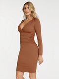 Popilush® Sculpting Formal Party Cocktail Gown Winter Shapewear Long Sleeve V-Neck Ruched Bodycon Midi Dress