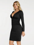 Popilush® Sculpting Formal Party Cocktail Gown Winter Shapewear Long Sleeve V-Neck Ruched Bodycon Midi Dress