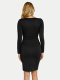 Popilush® Sculpting Formal Party Cocktail Gown Winter Shapewear Long Sleeve V-Neck Ruched Bodycon Midi Dress