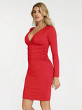 Popilush® Sculpting Formal Party Cocktail Gown Winter Shapewear Long Sleeve V-Neck Ruched Bodycon Midi Dress