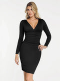 Popilush® Sculpting Formal Party Cocktail Gown Winter Black / XS Shapewear Long Sleeve V-Neck Ruched Bodycon Midi Dress