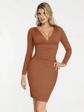 Popilush® Sculpting Formal Party Cocktail Gown Winter Brown / XS Shapewear Long Sleeve V-Neck Ruched Bodycon Midi Dress