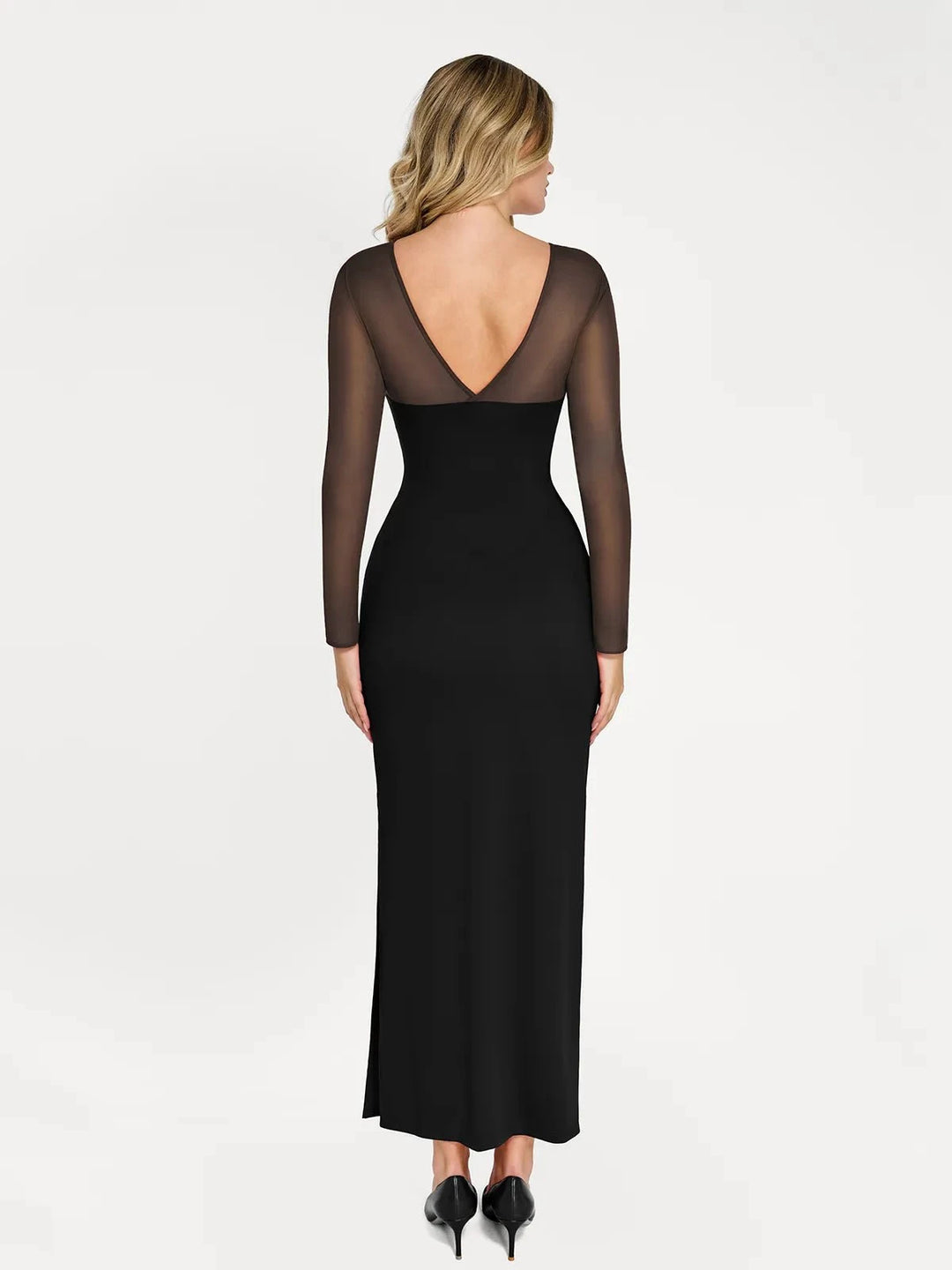 Popilush® Formal Bodycon Party Cocktail Backless Gown Winter Shapewear Mesh Long Sleeve V-Back Slimming Maxi Dress