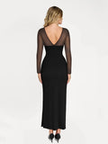 Popilush® Formal Bodycon Party Cocktail Backless Gown Winter Shapewear Mesh Long Sleeve V-Back Slimming Maxi Dress