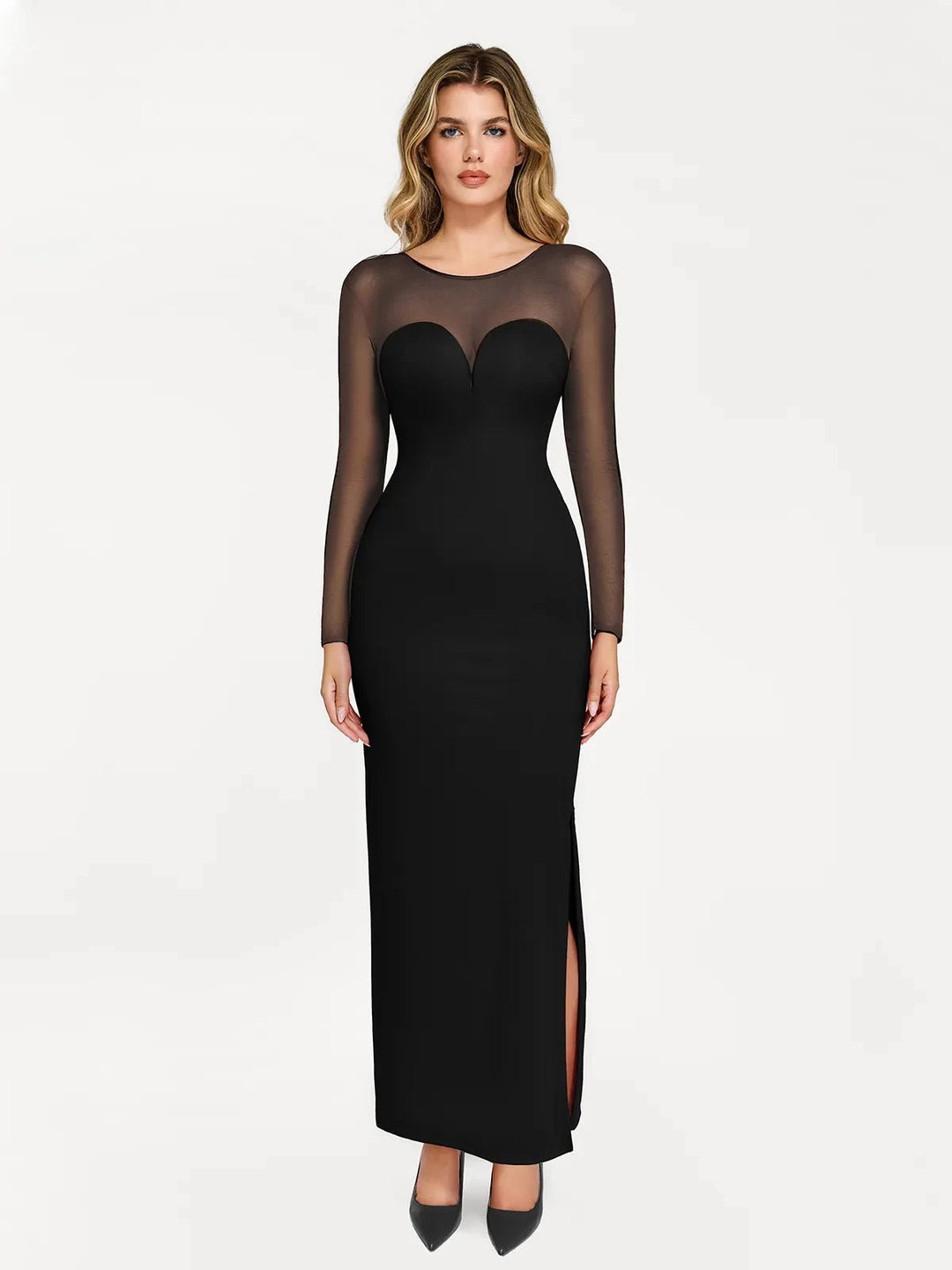 Popilush® Formal Bodycon Party Cocktail Backless Gown Winter Shapewear Mesh Long Sleeve V-Back Slimming Maxi Dress