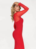 Popilush® Formal Bodycon Party Cocktail Backless Gown Winter Shapewear Mesh Long Sleeve V-Back Slimming Maxi Dress