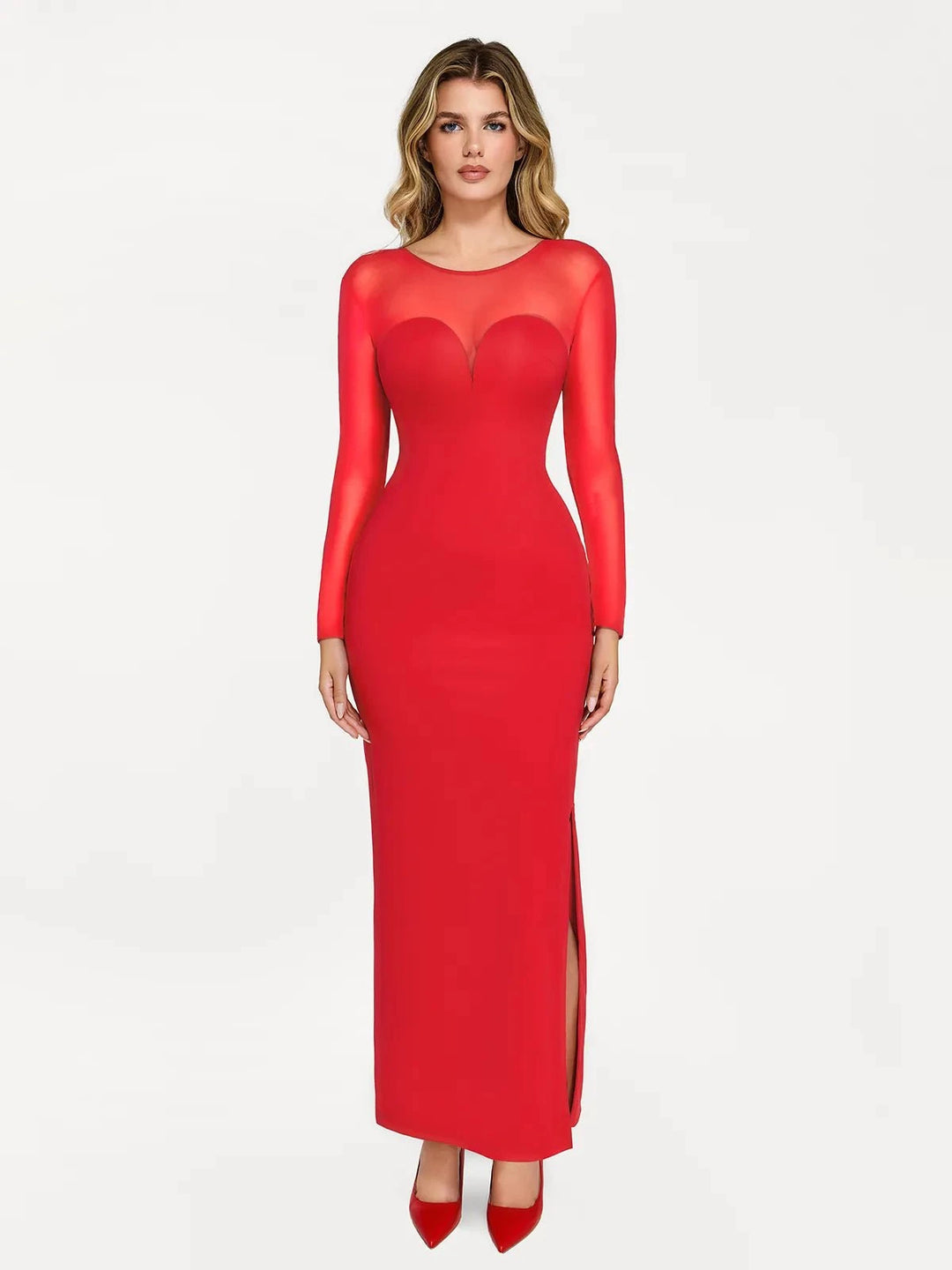 Popilush® Formal Bodycon Party Cocktail Backless Gown Winter Shapewear Mesh Long Sleeve V-Back Slimming Maxi Dress