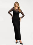 Black long sleeve mesh maxi dress with deep V-neckline and cinched waist