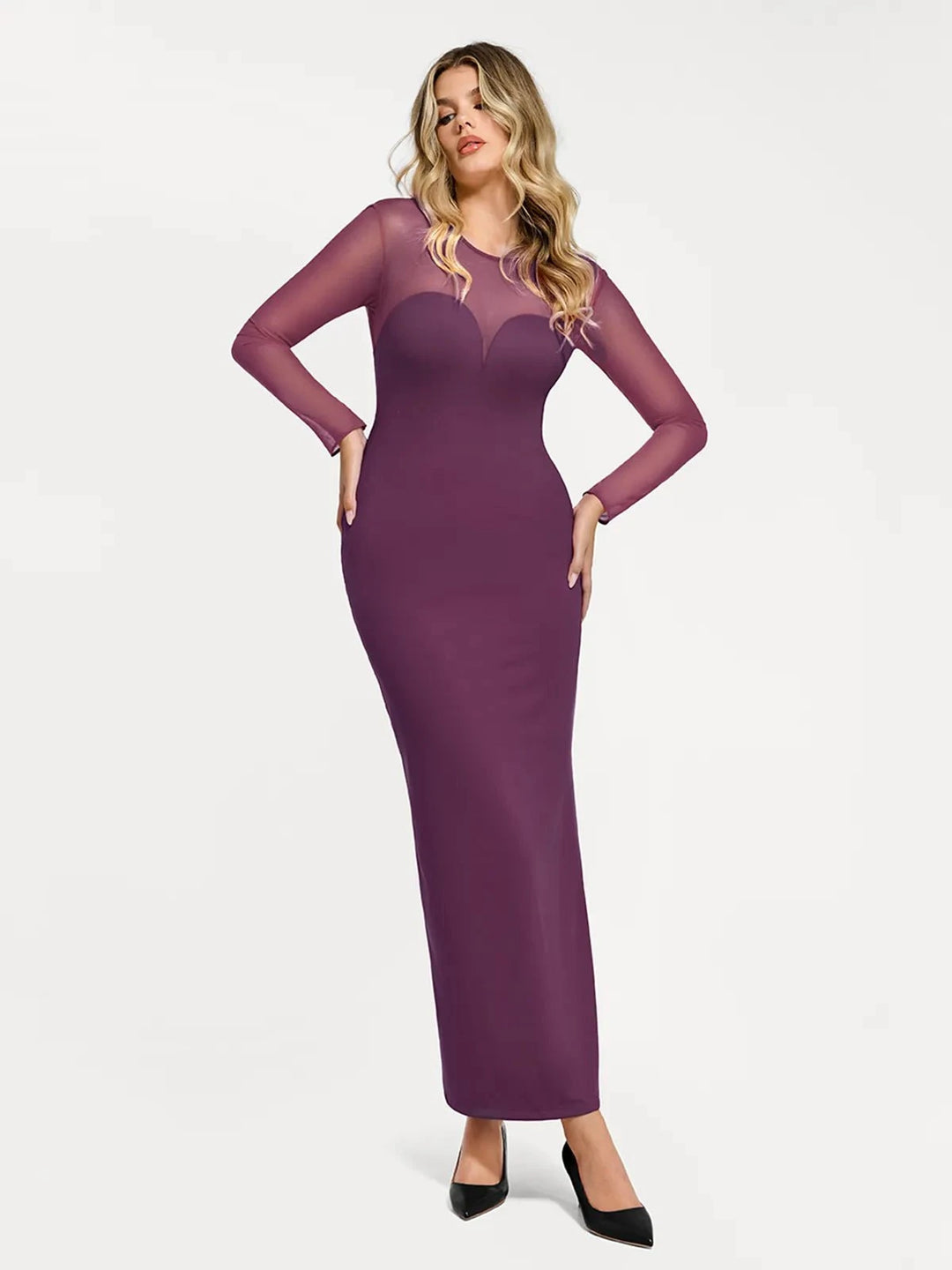 Popilush® Formal Bodycon Party Cocktail Backless Gown Winter Purple / XS Shapewear Mesh Long Sleeve V-Back Slimming Maxi Dress