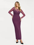 Purple long sleeve mesh maxi dress with V-back and sweetheart neckline