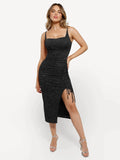 Popilush® Bodycon Party Cocktail Evening Gown Shine Shapewear Metallic Knit Bodycon Sculpting Midi Slip Dress