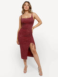 Popilush® Bodycon Party Cocktail Evening Gown Shine Shapewear Metallic Knit Bodycon Sculpting Midi Slip Dress