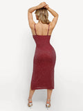 Popilush® Bodycon Party Cocktail Evening Gown Shine Shapewear Metallic Knit Bodycon Sculpting Midi Slip Dress