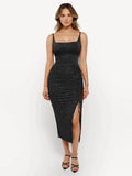 Popilush® Bodycon Party Cocktail Evening Gown Shine Black / XS Shapewear Metallic Knit Bodycon Sculpting Midi Slip Dress