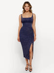 Shapewear metallic knit bodycon midi dress, navy blue, ruched side slit.